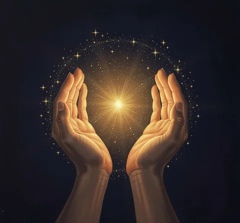 Deux mains offrant une lumière dorée